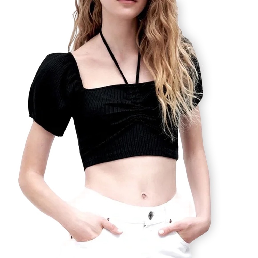 ZARA Ruched Crop Top Tank Puff Sleeve Ribbed Knit Square Neck Blouse Shirred